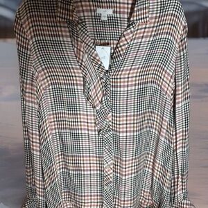 J.Jill Women M Tea Rose Glen Plaid Long Sleeve Ruffled Button-Front Shirt NWT